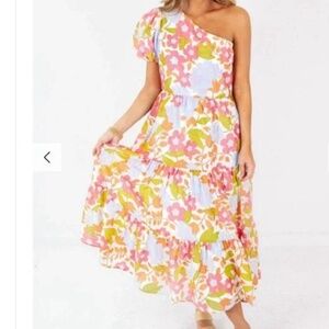 J. MARIE FLORAL AVA MAE PUFF SLEEVE ONE SHOULDER MAXI DRESS